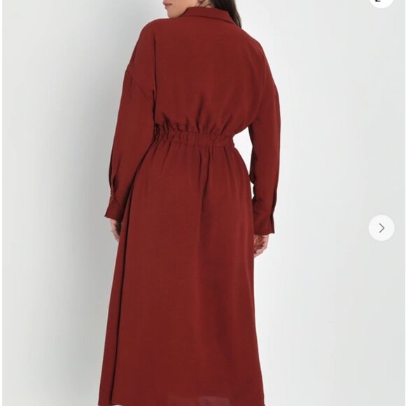 Rust Collared Button-Up Pleated Midi Dress - Picture 3 of 7